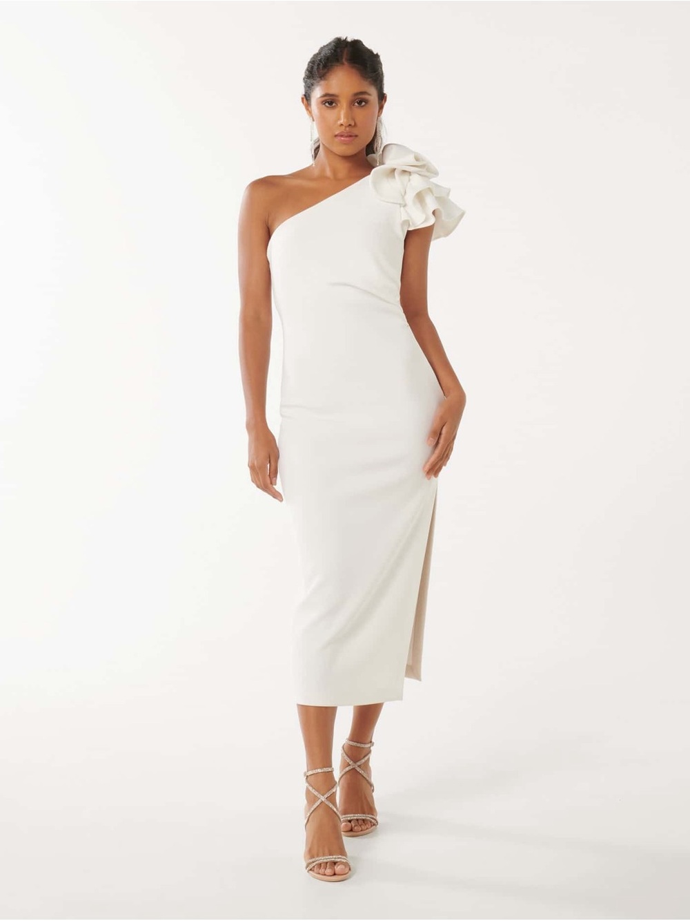 Ever New One-Shoulder Midi Dress with Sculpted Shoulder Ruffle in Cream